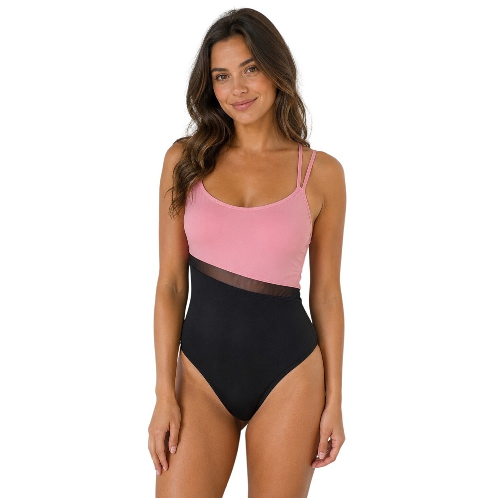 Merona‎ Pink Black Colorblock Mesh One Piece Swimsuit Womens Medium Strappy Back